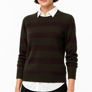 Calvin Klein Women's Sweater Crew Neck Merino Wool Stripe Soft Olive Eggplant L